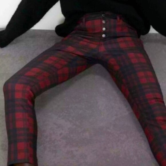ZARA Red & Black Tartan Button Fly Mid-Rise Skinny Jeans – Size 6 – NWOT - Picture 8 of 9